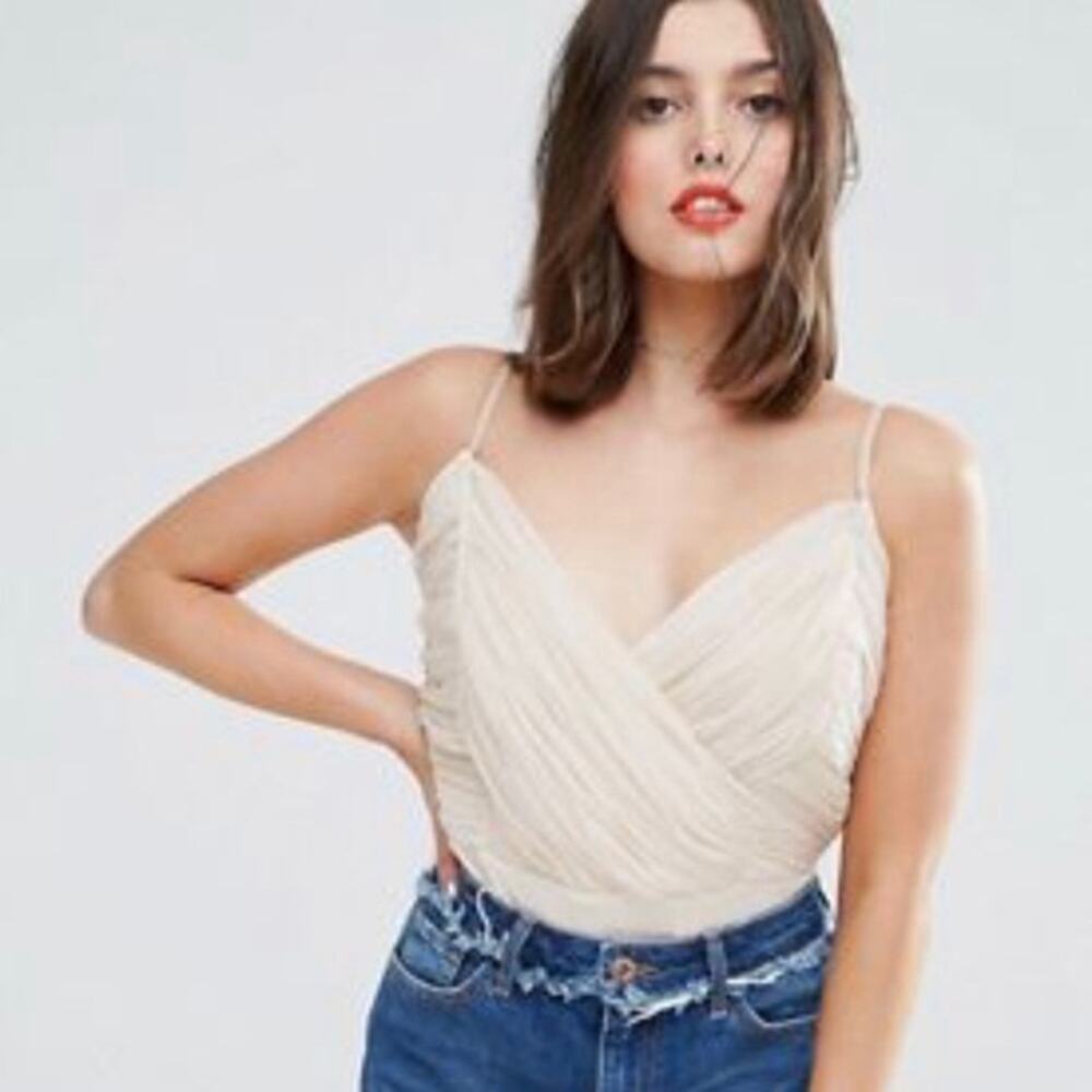 Nwot ASOS Bodysuit 6 Cream Tulle/Mesh Faux/Wrap Rush/Pleated/Puff Stretchy Strap